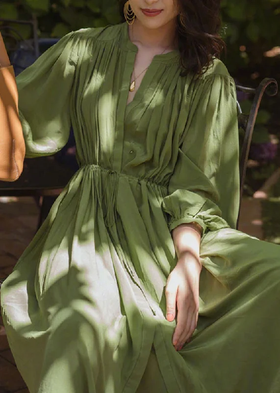 Women's Relaxed Outfit Dive Into Trendy Women's Fashion Fashio Green O-Neck Cinched Wrinkled Solid Chiffon Maxi Dress Spring