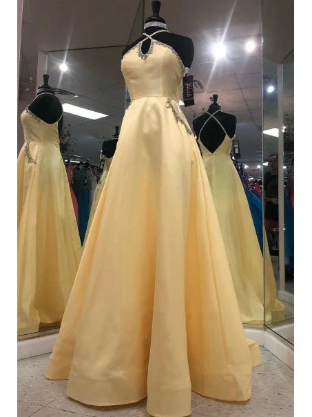 Women's Elegant Evening Outfit Enjoy Discount Keyhole Long A-line Yellow Satin Prom Dresses, Beaded Detail Prom Dresses, Popular Prom Dresses