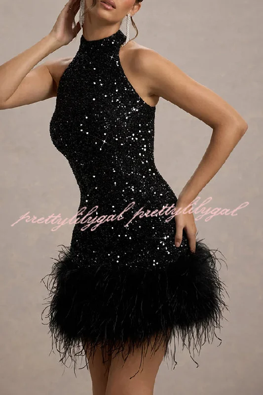 Women's Formal Event Outfit Trendy Styles Dazzling and Playful Sequin High Neck Feather Trim Stretch Mini Dress