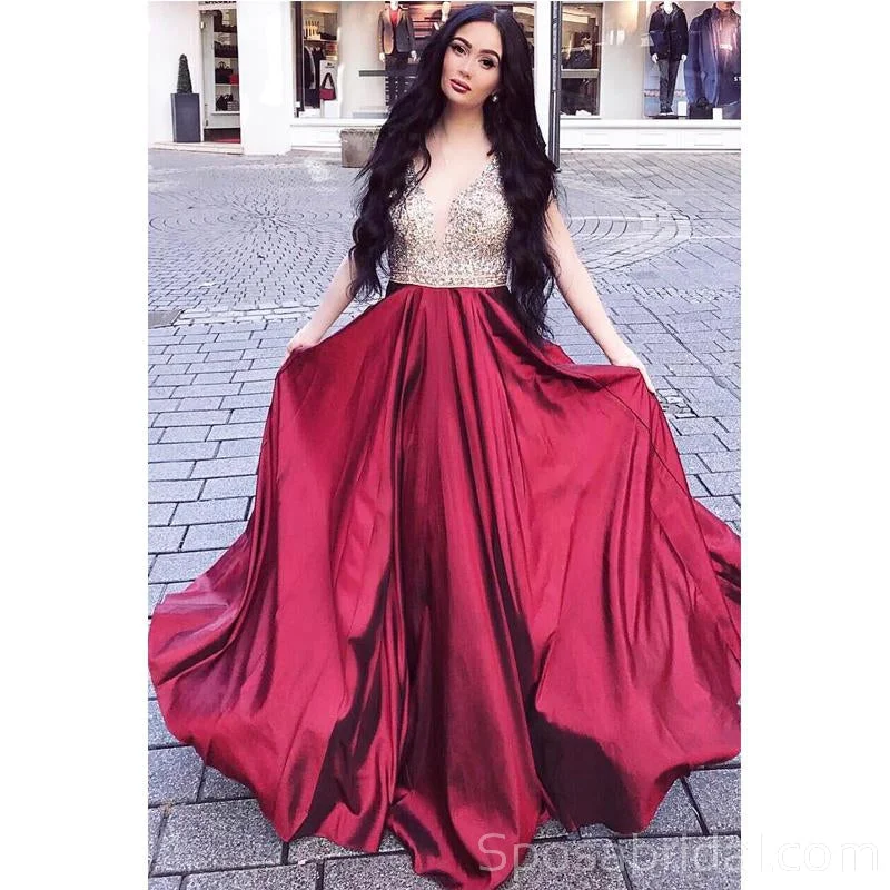 Women's Outfit Elegant Contour Sparkly Modest Gorgeous Sleeveless A-Line Beaded Burgundy Long Prom Dresses, PD1385