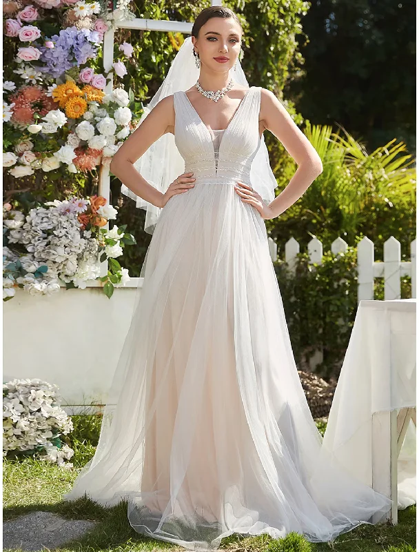 Casual Outfit For Women Best-Sellers Beach Casual Wedding Dresses Floor Length A-Line Sleeveless V Neck Lace With Lace Embroidery