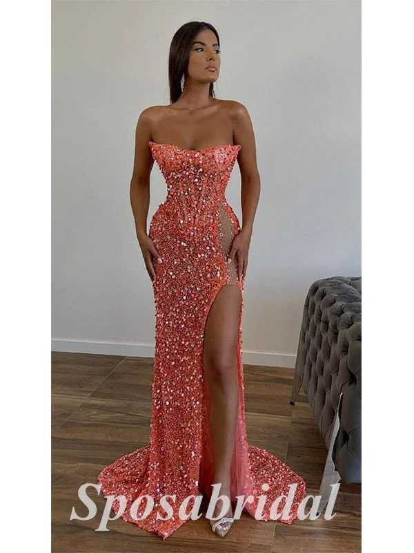 Affordable Women's Attire Wardrobe Essentials Sexy Sequin Sweetheart Sleeveless Side Slit Mermaid Long Prom Dresses,PD3639