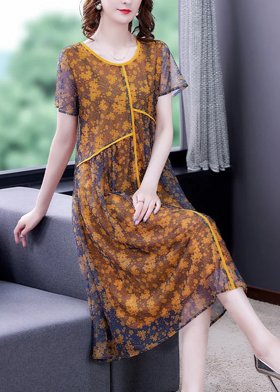 Women's Everyday Attire Anniversary Sale Loose Yellow O-Neck Patchwork Print Tulle Maxi Dresses Short Sleeve