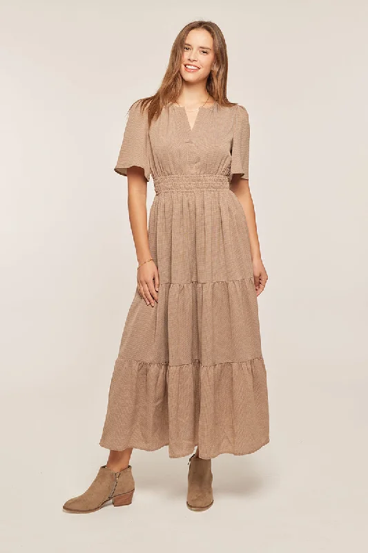 Women's Comfortable Clothes For Weekends Big Savings On Minimalist Office Styles The Demi Printed Tiered Midi Dress in Pale Brown