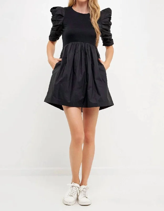 Women's Travel Attire Fashion-Forward Outfits Pleated Puff Sleeve Mini Dress In Black