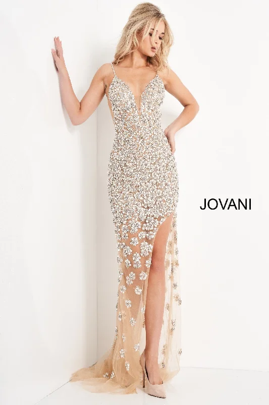 Sustainable Women's Clothing Sustainable Fashion Extravaganza Beaded Fitted Sleeveless Slit Gown by Jovani 02492