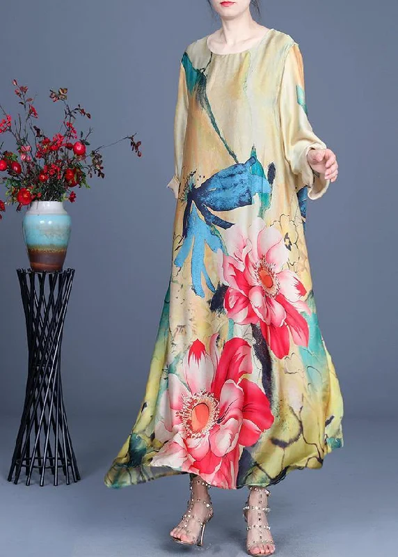 Women's Stylish Outdoor Outfit Vintage Charm Fitted Yellow Print Long sleeve Chiffon Maxi Dresses Summer