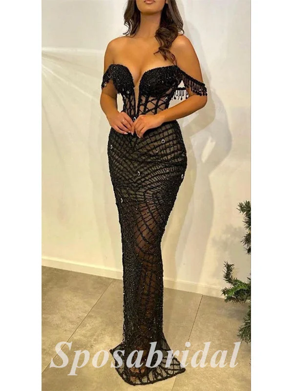 Women's Evening Attire Wardrobe Update Sexy Tulle And Sequin Off Shoulder V-Neck Sleeveless Mermaid Long Prom Dresses With Beading,PD3642