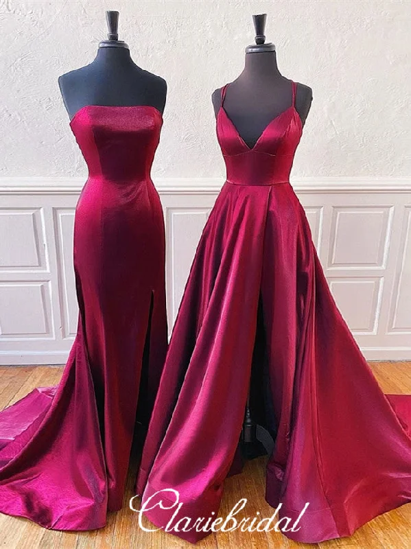 Women's Comfortable Apparel Statement Piece Lovely Plum Satin Prom Dresses, Slit Prom Dresses, Simple Prom Dresses, Affordable Prom Dresses