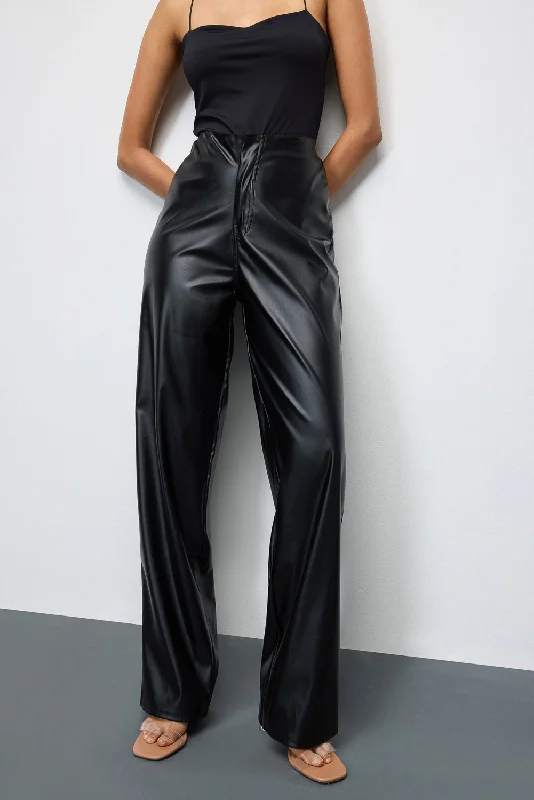 Women's Elegant Clothes Bold Fashion Pitch Black Leather Straight Pants