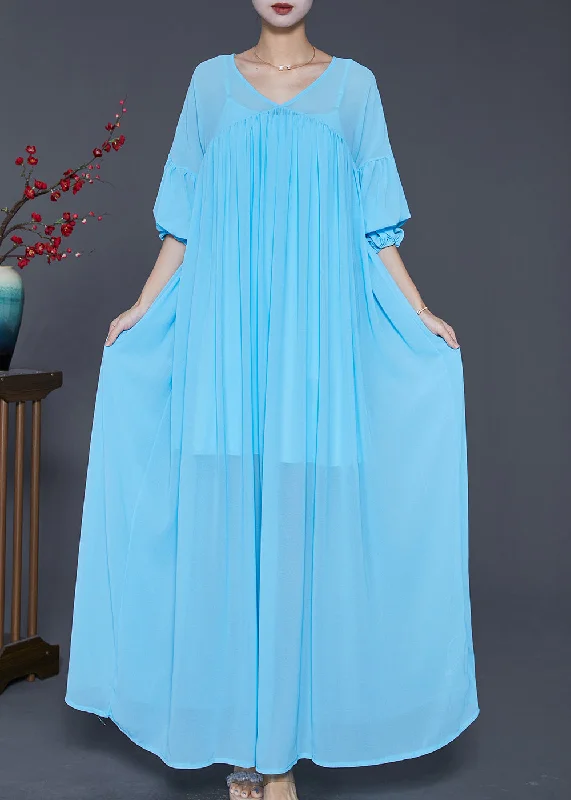 Women's Festive Attire Celebrate With Big Savings Beautiful Lake Blue Oversized Wrinkled Chiffon Maxi Dress Fall