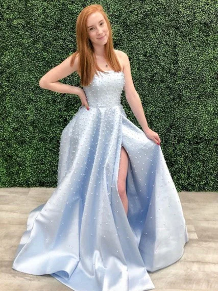 Women's Outfit For The Office Comfort Centric Apparel Light Blue Satin Beaded Prom Dresses, Lovely Prom Dresses, Side Slit Prom Dresses, 2020 Prom Dresses