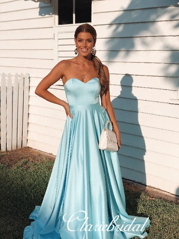 Women's Holiday Attire Elegant Styles Sweetheart Long A-line Satin Prom Dresses, Sky Blue Prom Dresses, Long Prom Dresses