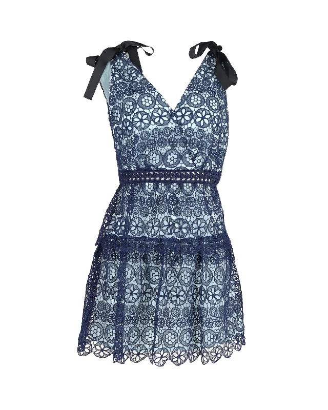 Women's Work Outfit For The Office Fashion Forward Femininity Self-Portrait Tiered Bow-Detailed Mini Dress in Blue Polyester Guipure Lace