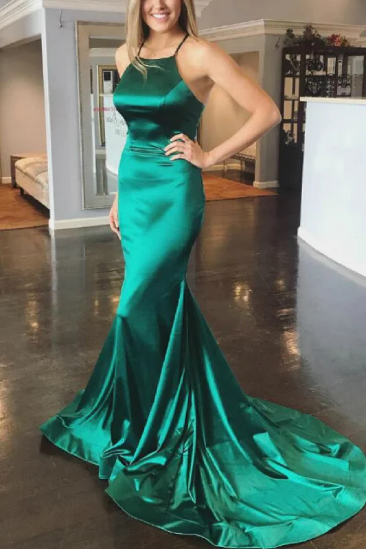 Women's Formal Event Attire Limited-Time Offer Green Mermaid Spaghetti Straps Satin Long Formal Prom Dress with Train