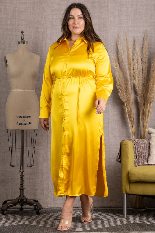 Women's Outerwear Clothing Seasonal Fashion YELLOW BUTTON DOWN LONG SLEEVES PLUS SIZE MAXI DRESS-M51743WX