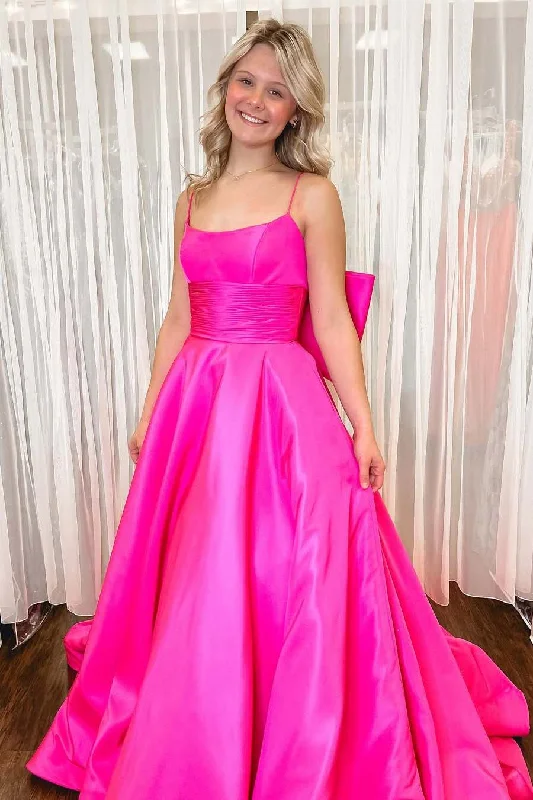 Women's Activewear Garments Premium Style Hot Pink Spaghetti Straps A-Line Satin Long Prom Dress with Big Bow