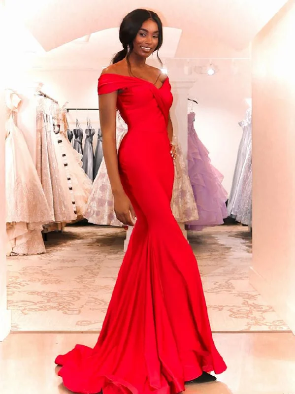 Stylish And Comfortable Clothing For Women Versatile Wardrobe Essentials Off Shoulder Red Mermaid Prom Dresses, Simple Satin 2021 Prom Dresses, Long Prom Dresses