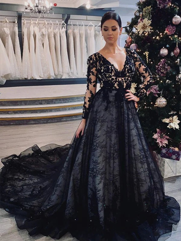 Elegant Women's Evening Garments Day-To-Night Styles DingJiDress Long Sleeves V-neck Black Gothic Lace Wedding Dress