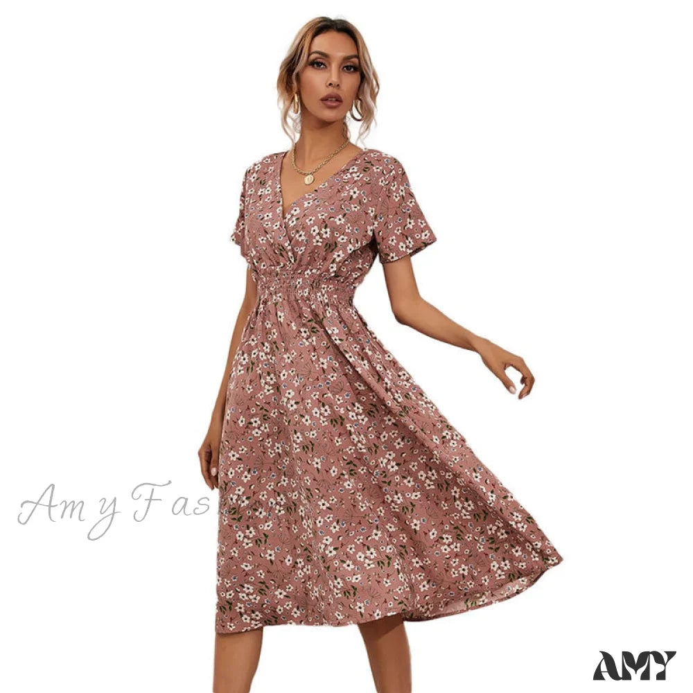 Women's Clothes For Work Graceful Movement Amy Fashion - V-neck Short Sleeve A-line Chiffon Beach Midi Dresses