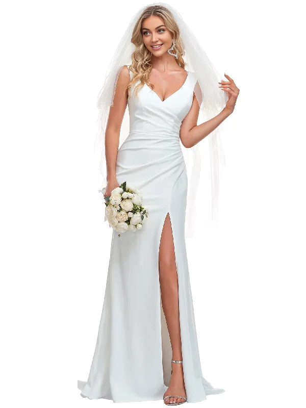 Women's Vacation Attire Trendy Women's Collection DingJiDress Wedding Dress Classic V-Neck Mermaid Bodycon Slit for Bride Formal Women's Dresses Without a veil