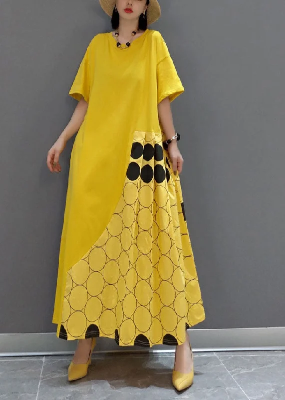 Women's Trendy Outfit Everyday Wear Italian Yellow O-Neck wrinkled Patchwork Maxi Dresses Spring