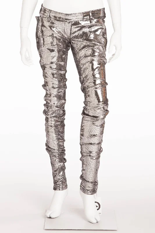 Women's Vacation Garments Chic Trends Unveiled Balmain - NWT Unique Motorcycle Leather Reptile Texture Silver Skinny Jeans - FR 40