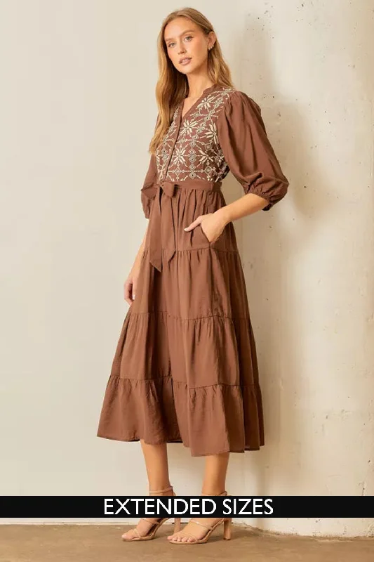 Women's Clothes For Outdoor Events Grab Romantic Date - Night Styles Now The Raven Embroidered Midi Dress in Brown