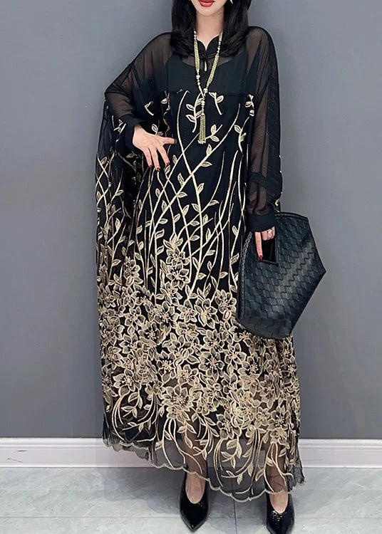 Women's Elegant Outfit Season Appropriate Women's Collection Classy Black Stand Collar Embroideried Button Tulle Maxi Dress Long Sleeve