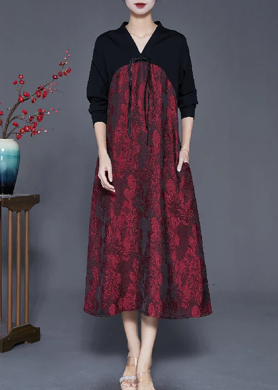 Women's High-Fashion Apparel Flowing Silhouette Fine Red Tasseled Patchwork Silk Maxi Dresses Spring