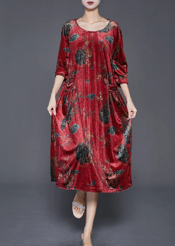 Women's Luxury Apparel Bold Fashion Chic Red Print Pockets Silk Velour Maxi Dress Fall