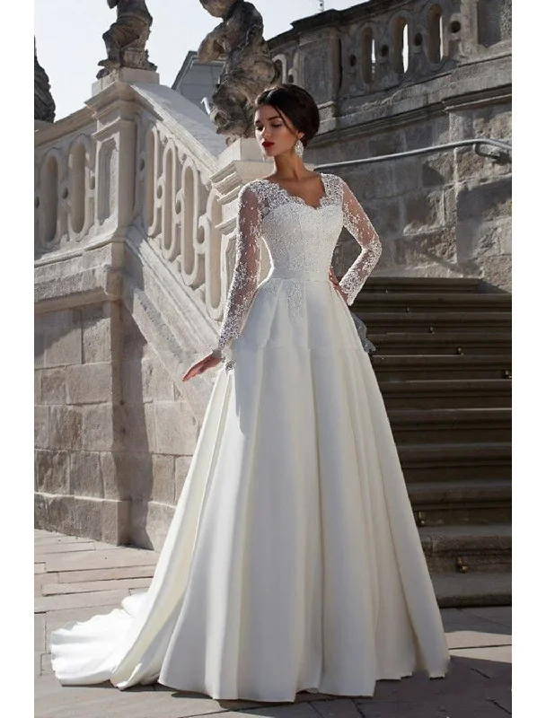 Women's Office Clothing Big Savings On Rustic Countryside Styles Engagement Formal Wedding Dresses Court Train A-Line Long Sleeve V Neck Satin With Appliques