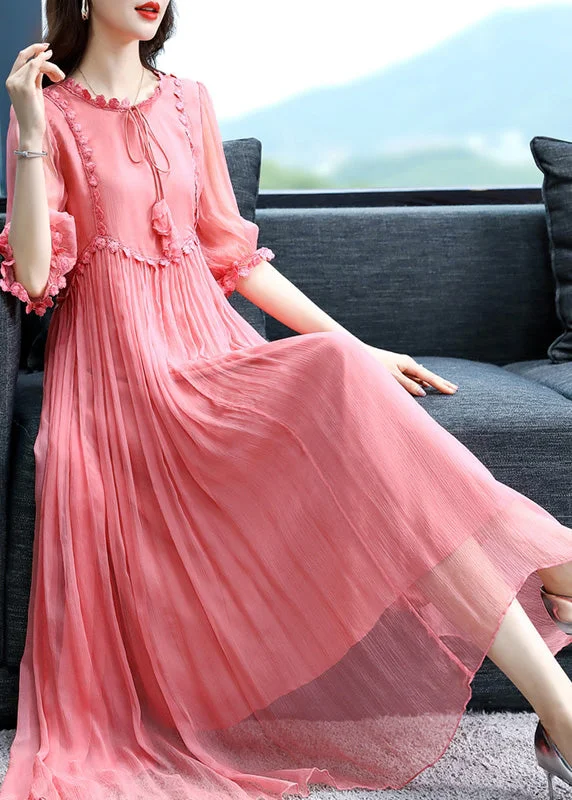 Comfortable Garments For Women Special Occasion Wear Cute Pink O-Neck Patchwork Wrinkled Silk Maxi Dress Summer