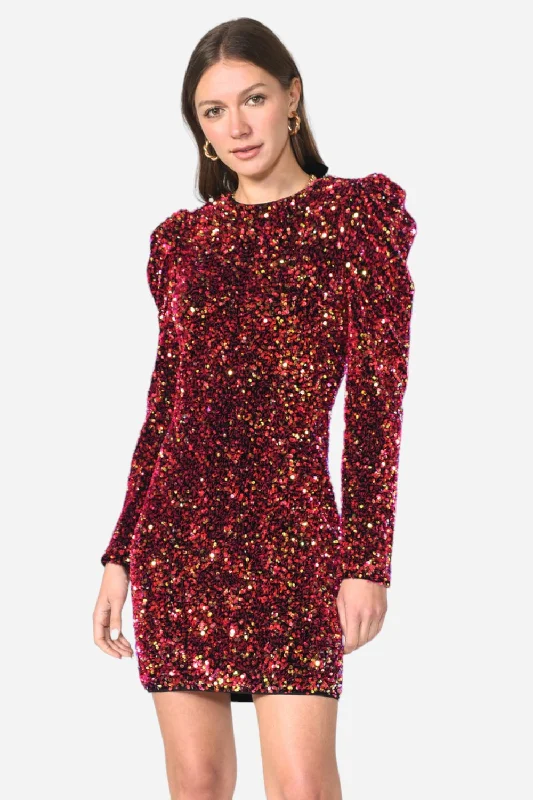 Charming Women's Clothes For Special Events From Casual To Classy Adelyn Rae Gale Velvet Sequins Puff Sleeve Mini Dress in Raspberry Punch