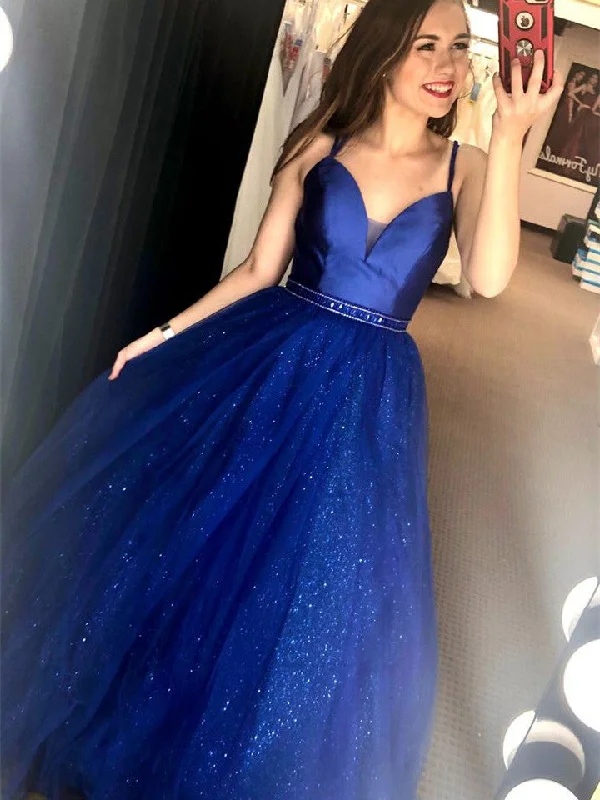 Casual Outfit For Women Your Timeless Wardrobe Awaits Royal Blue Satin Tulle Prom Dresses, Long Prom Dresses, Shiny Tulle Saprkle Prom Dresses