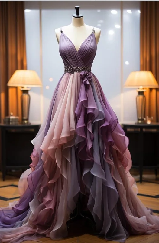 Women's Work Apparel Stylish Savings Elegant Purple Straps A-Line Ombre Long Party Dress Formal Evening Gown, D433