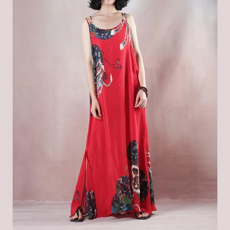 Women's Trendy Clothes Stylish Looks New red print holiday dress o neck sleeveless gown a silk skirts maxi dress