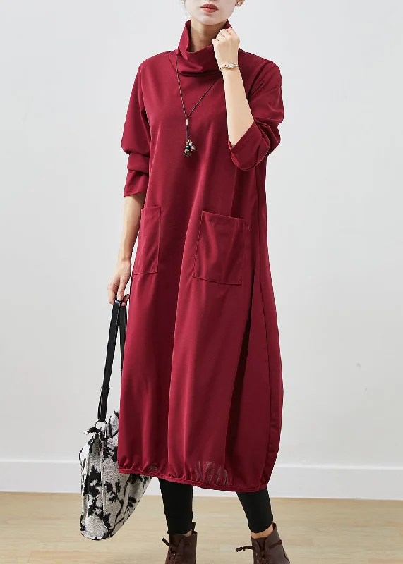 Women's Cozy Winter Attire Beat The Heat In Tropical Styles Mulberry Warm Fleece Maxi Dresses Turtle Neck Pockets Fall