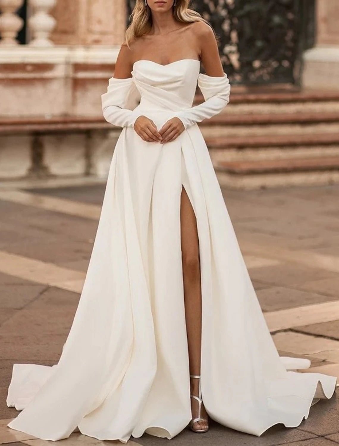 Formal Clothing For Women Luxury Style DingJiDress Hall Casual Wedding Dresses A-Line Off Shoulder Long Sleeve Court Train Satin Bridal Gowns With Split Front