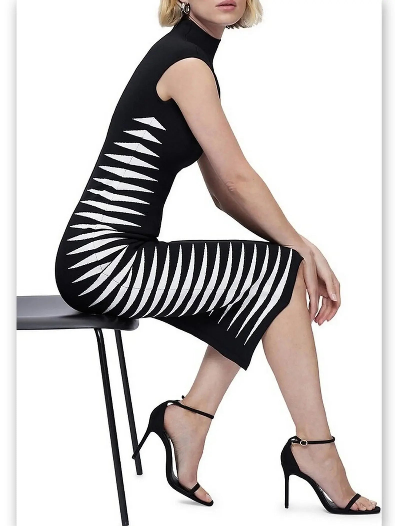 Women's Chic Outerwear Outfit Nordic Minimalist Home Look Black and White Side-Stripe Mock-Neck Midi Dress