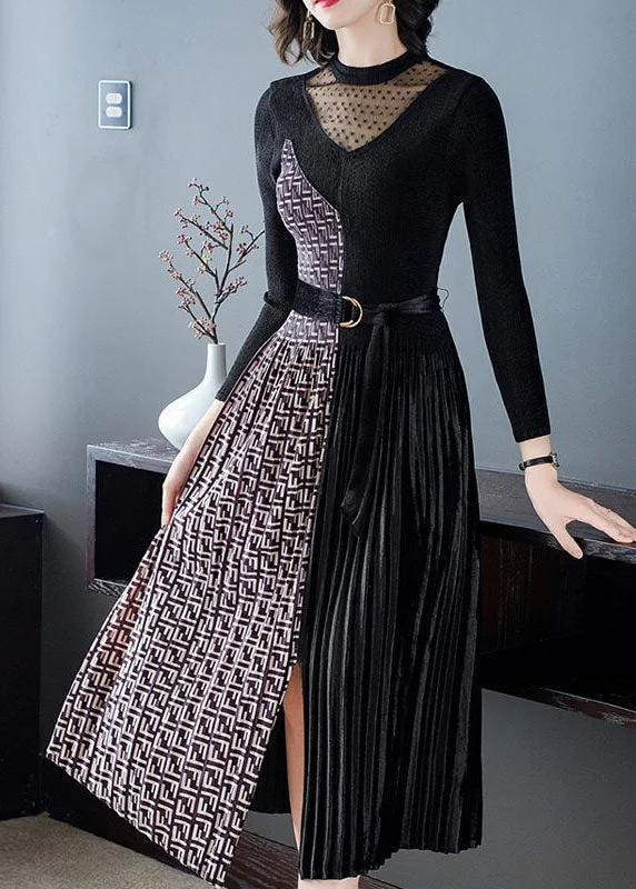 Charming Women's Outfit For Special Occasions Casual Yet Stylish Separates French Black Cinched Patchwork Side Open Silk Velour Maxi Dress Spring