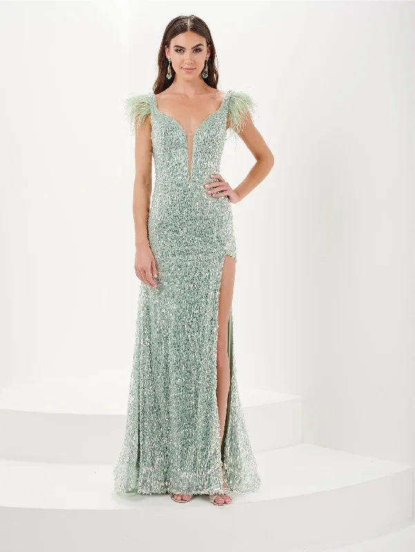 Women's High-Fashion Attire Durable Fashion Picks Fitted Sequin Feather Slit Gown by Tiffany Designs 16055