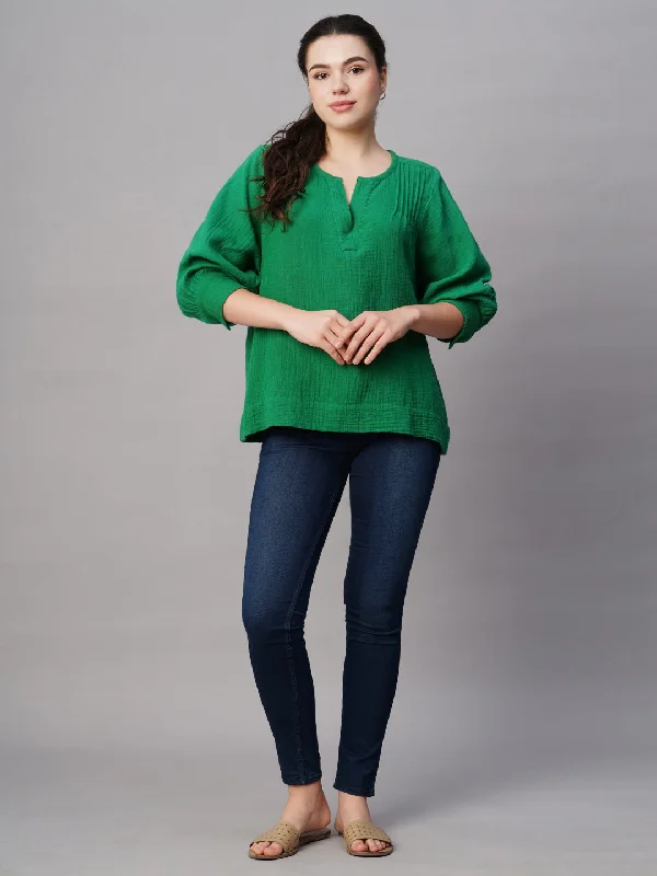 Fashionable Women's Clothing Limited Time Special Offer Women's Green Cotton Boxy Fit Blouse