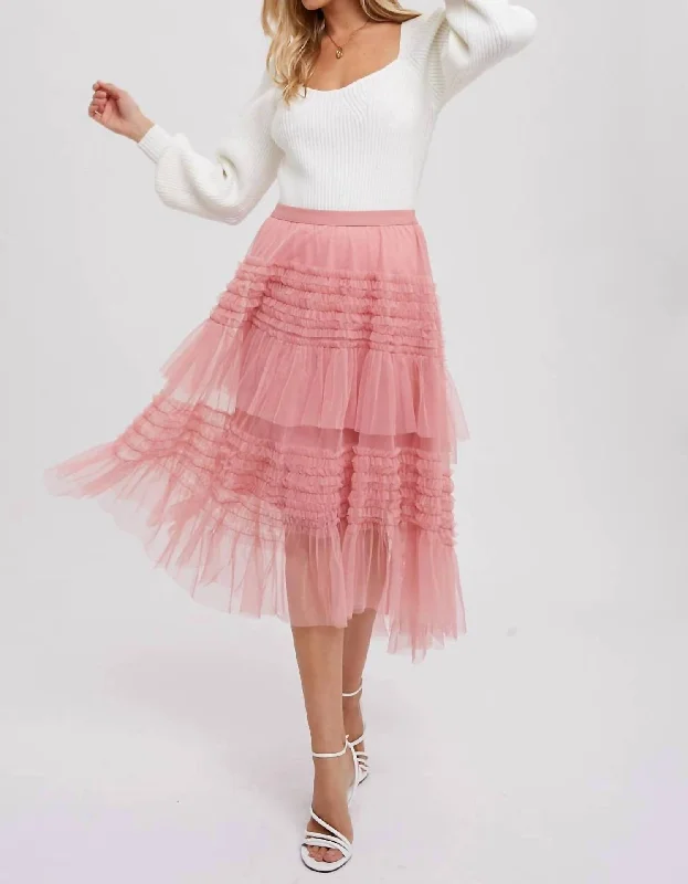 Women's Everyday Apparel Trendy Clothing Sale High Low Frilled Tulle Midi Skirt In Rose Pink