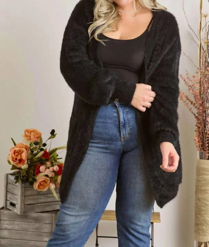 Women's Floral Print Outfit Discover Promotions Curvy Fuzzy Solid Open Cardigan In Black