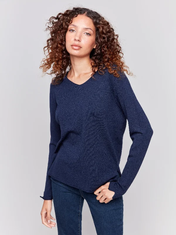 Women's Casual Outfit Flash Sales Basic V-Neck Sweater - Navy