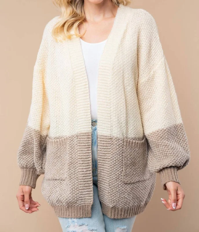 Women's Casual Wear Outfit Stylish Savings Draped In Comfort Color Blocked Sweater Cardigan In Cream/mocha