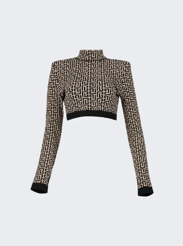 Women's Evening Wear Outfit Season Offer Balmain Monogram High Neck Cropped Pullover Black