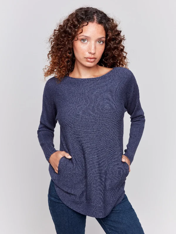 Affordable Women's Garments Fashion-Forward Knit Sweater With Back Detail Lace-Up - Denim