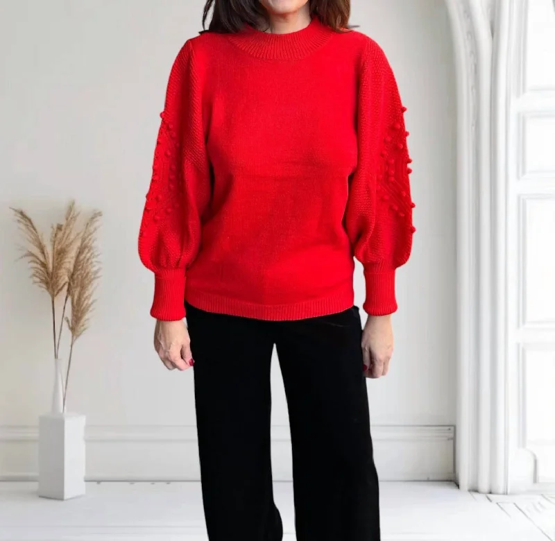 Women's Clothes For Outdoor Events Disco - Inspired Retro Dance Look Pom Pom Balloon Sleeve Sweater In Red